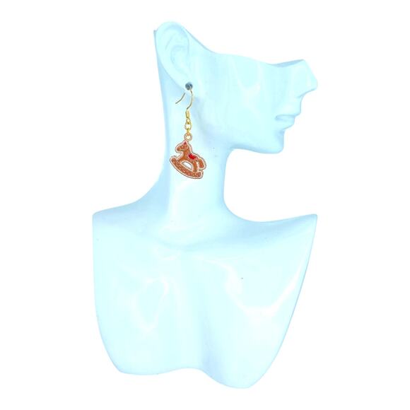 Gingerbread rocking horse dangle earrings — lightweight holiday jewelry - Picture 4 of 4